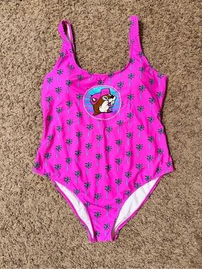 Bright pink Palm-Print One-Piece Swimsuit with Bucees Logo